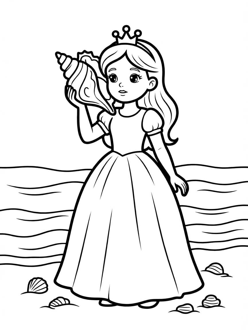 A princess listening to a seashell, hearing the ocean's whispers.