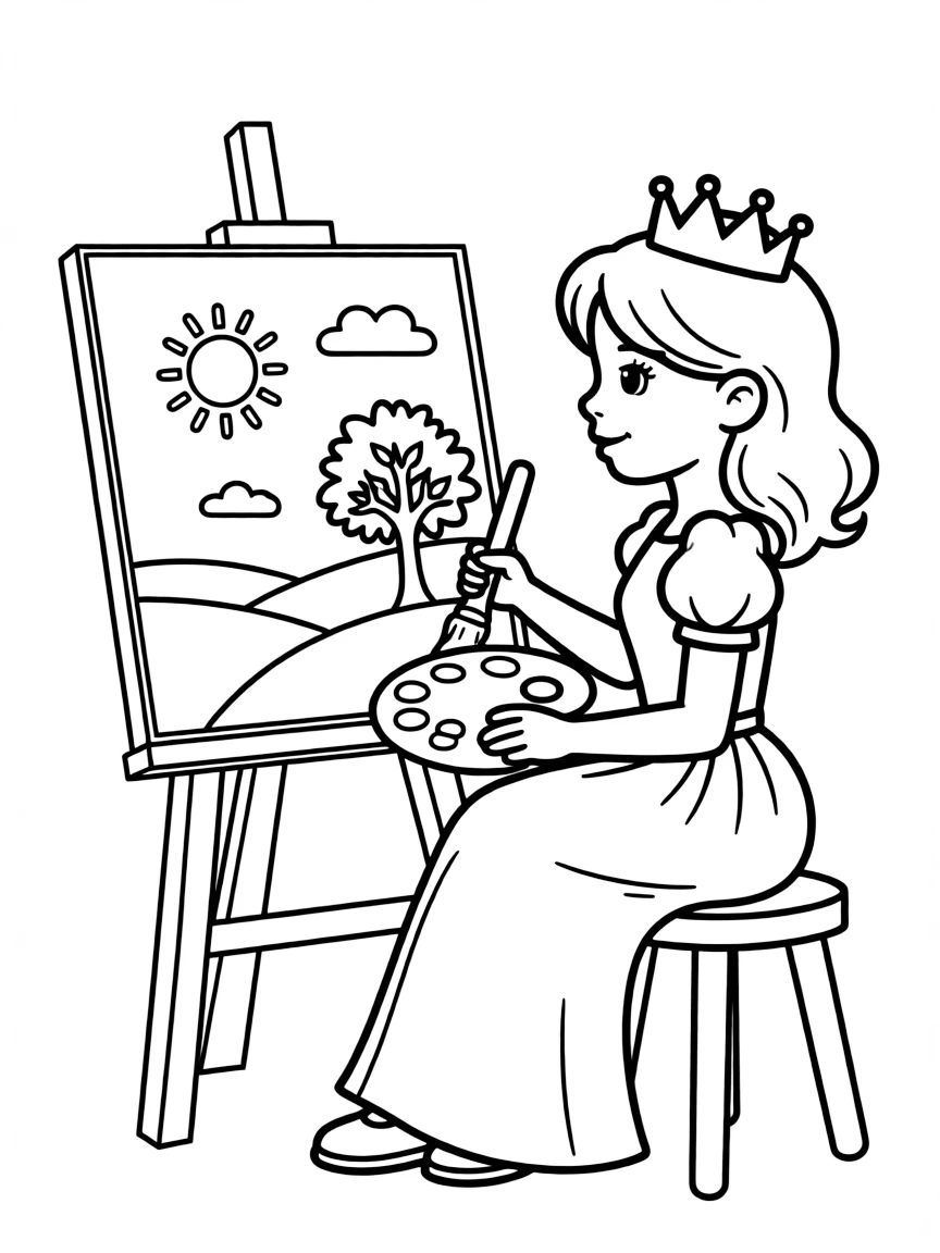 A princess painting a beautiful landscape, sitting on a stool with an easel.