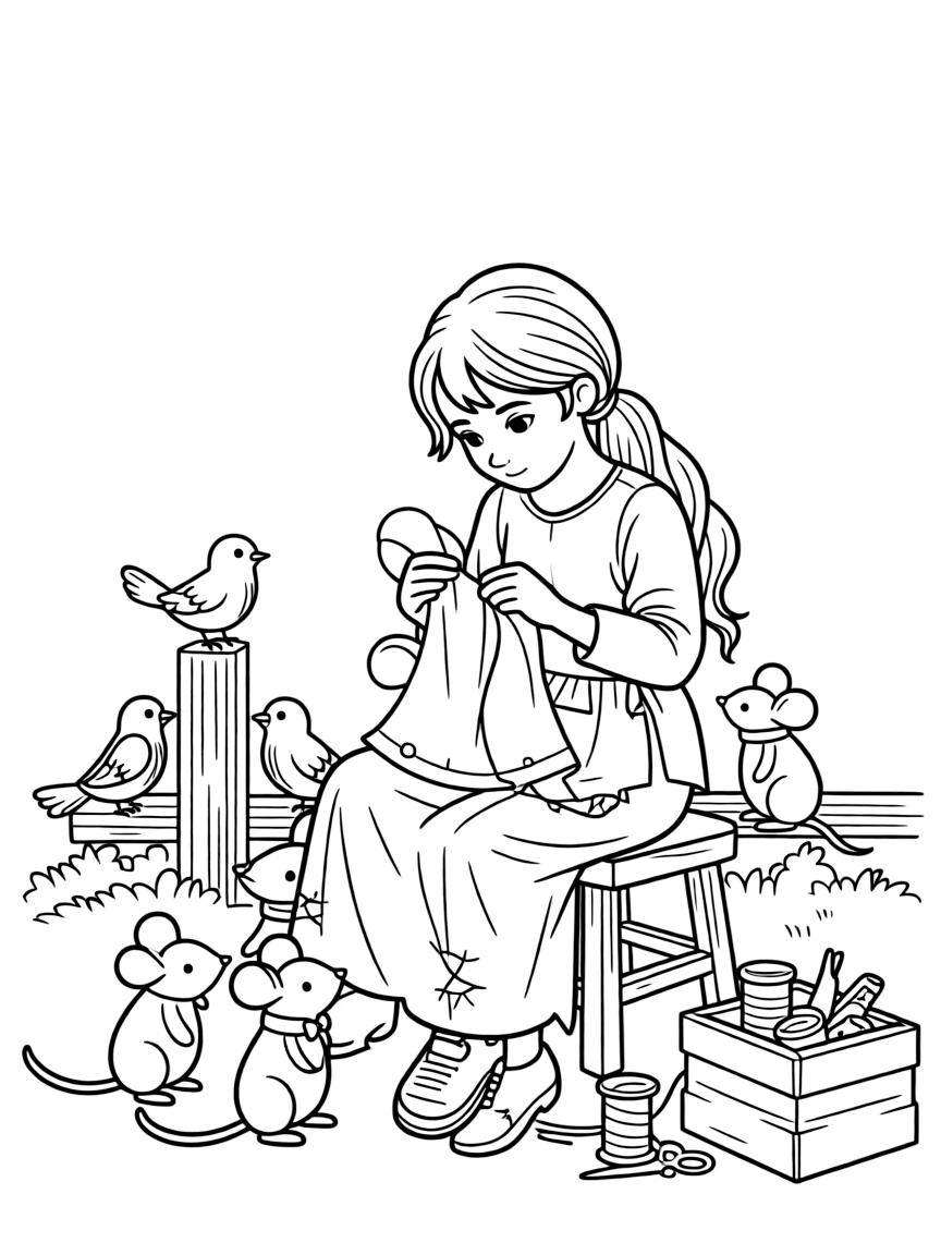 Cinderella in her rags, surrounded by friendly mice and birds, mending a dress.