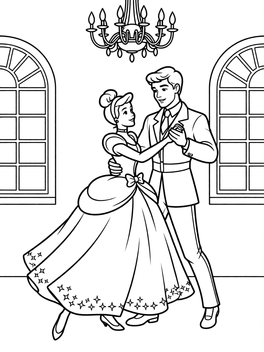 Cinderella at the ball, transformed in her glittering gown, dancing with Prince Charming.