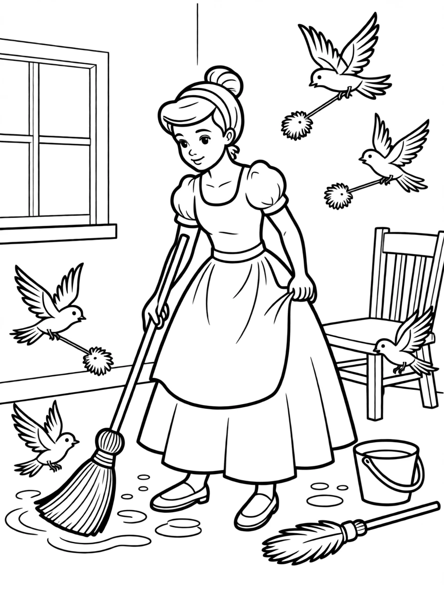 Cinderella being helped by the birds to do her chores, sweeping and dusting.