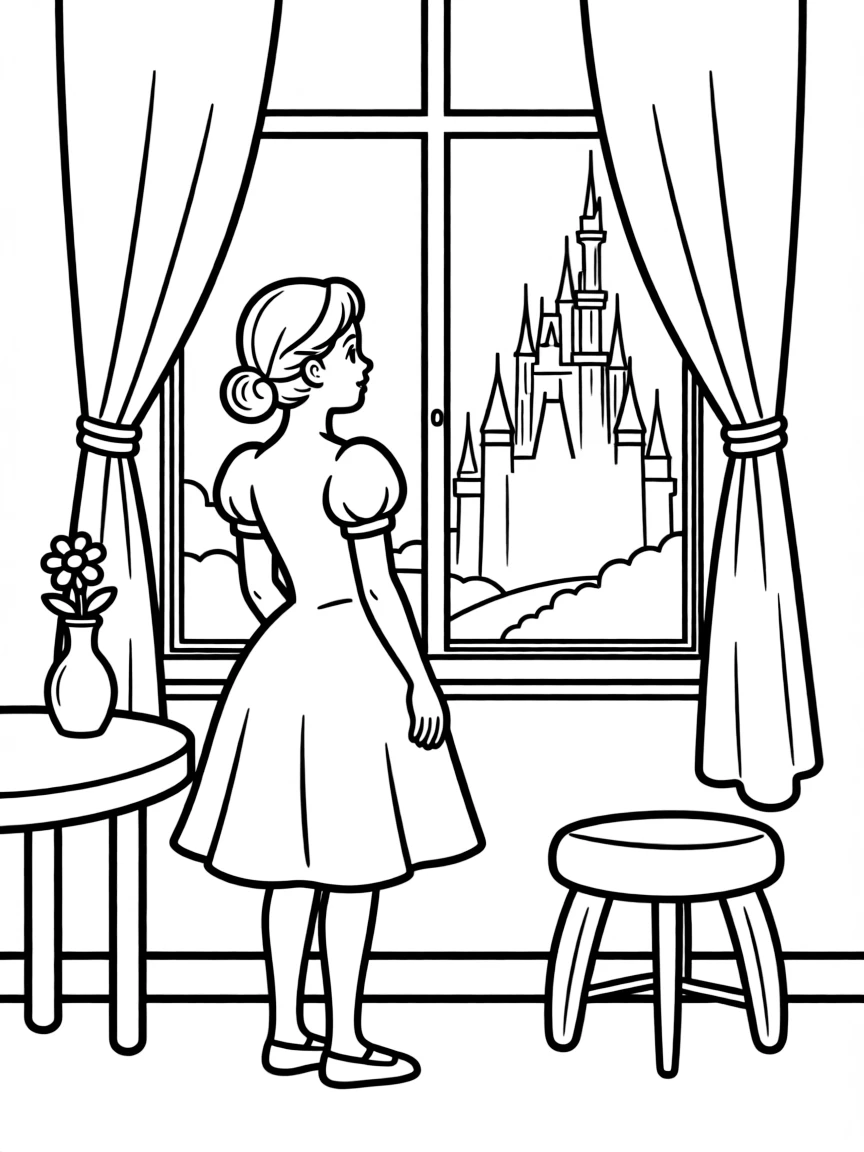Cinderella dreaming of attending the ball, looking out her window.