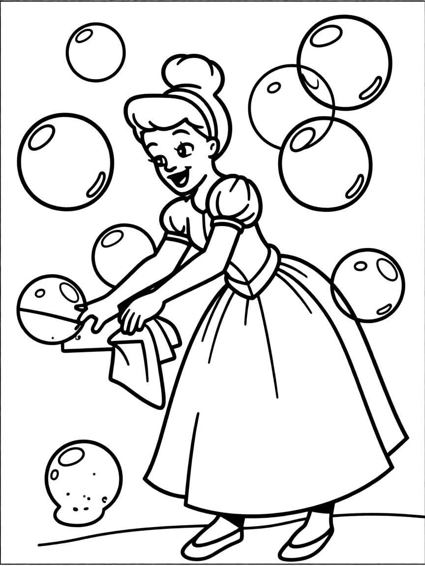 Cinderella surrounded by bubbles as she cleans, a happy expression on her face.