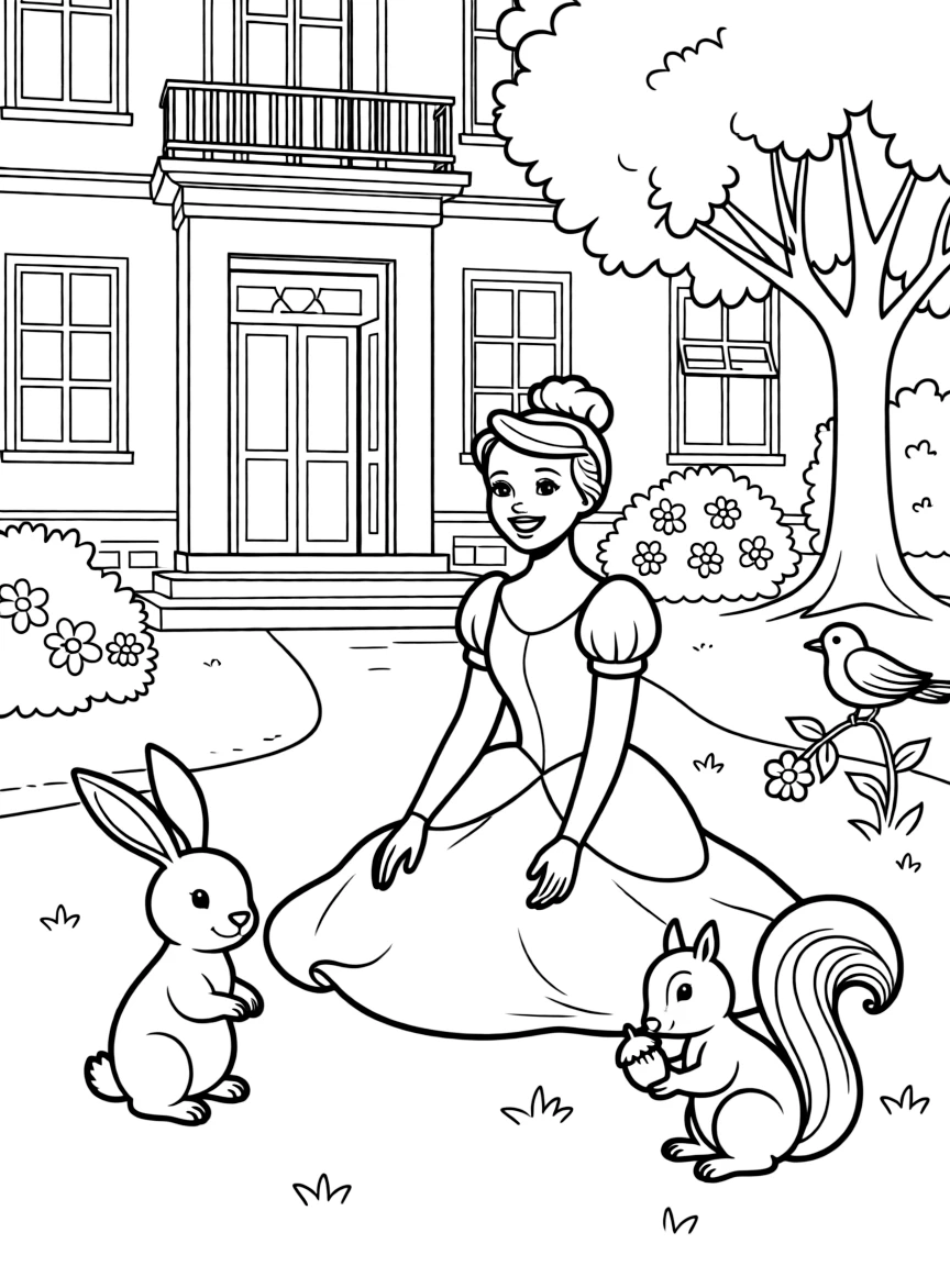 Cinderella playing with her animal friends in the backyard of the mansion.