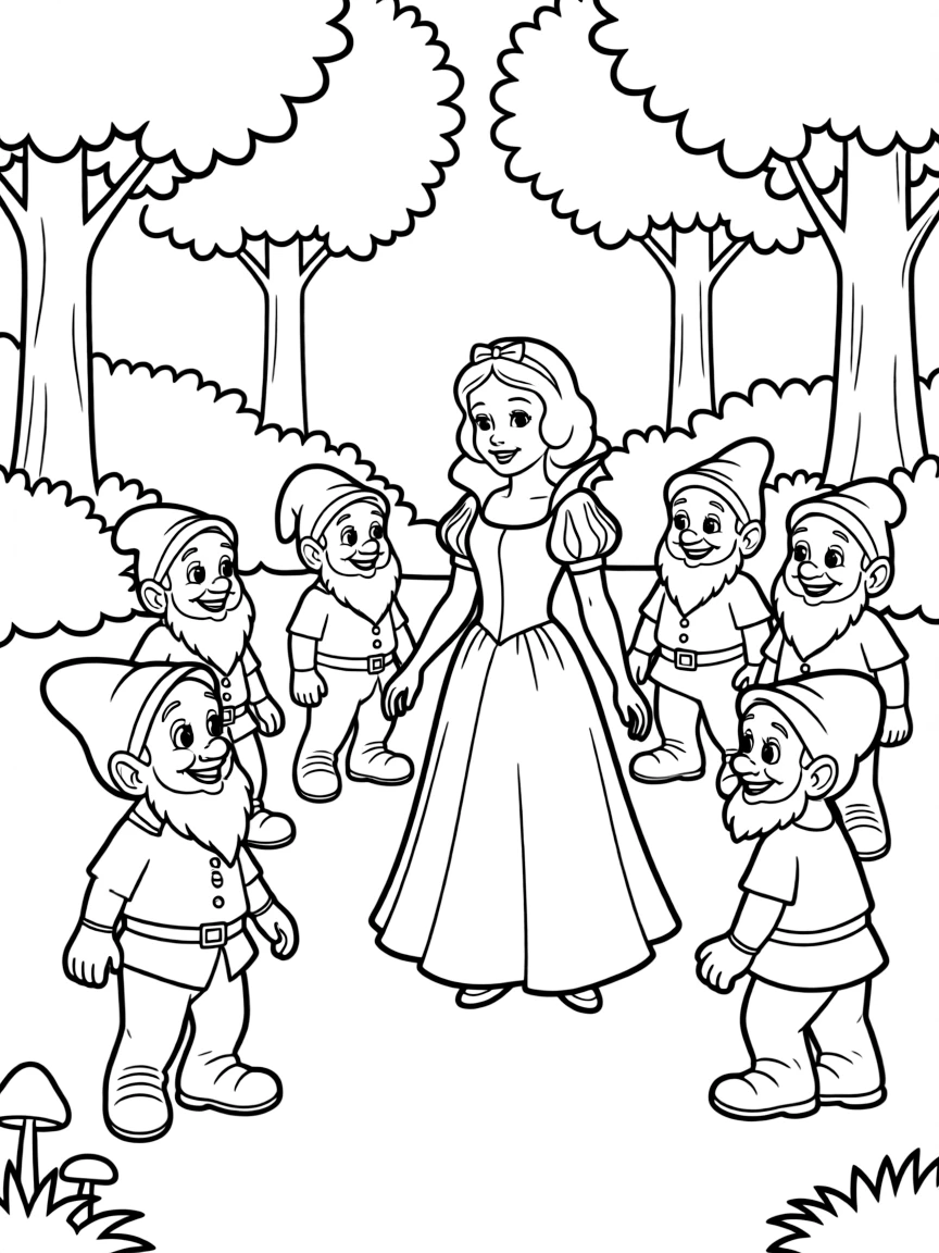 Snow White in the forest, surrounded by the Seven Dwarfs, smiling warmly.