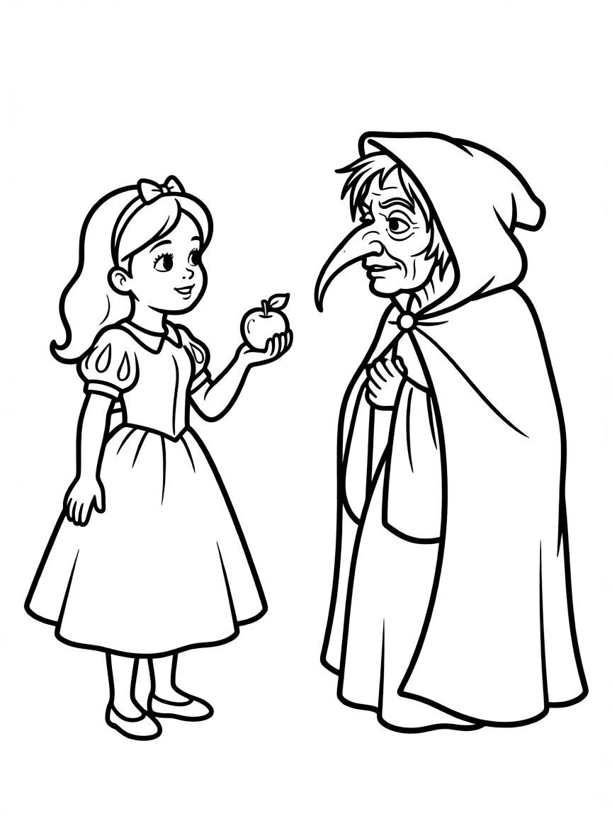 Snow White holding a poisoned apple, looking at the Evil Queen disguised as an old hag.