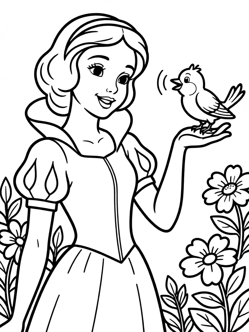 Snow White with a bluebird perched on her finger, singing sweetly.