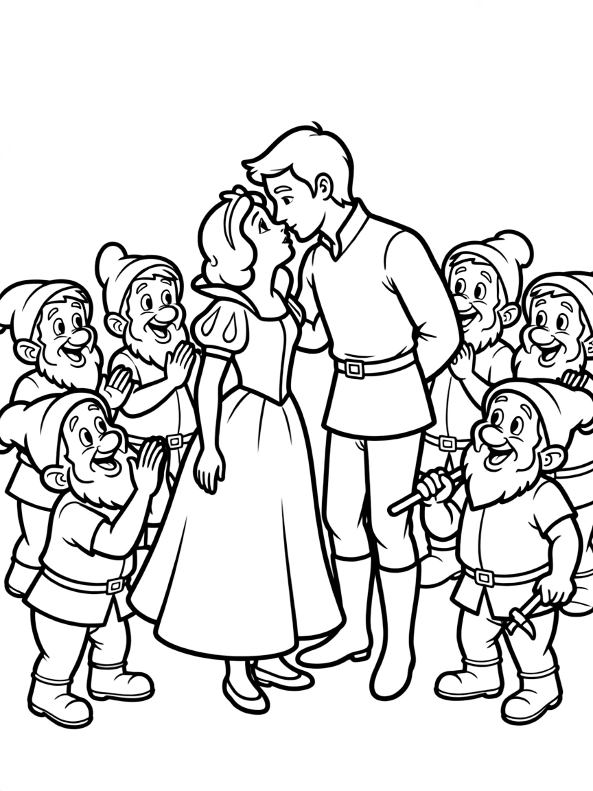 Snow White being woken by the Prince's kiss, surrounded by the dwarfs.