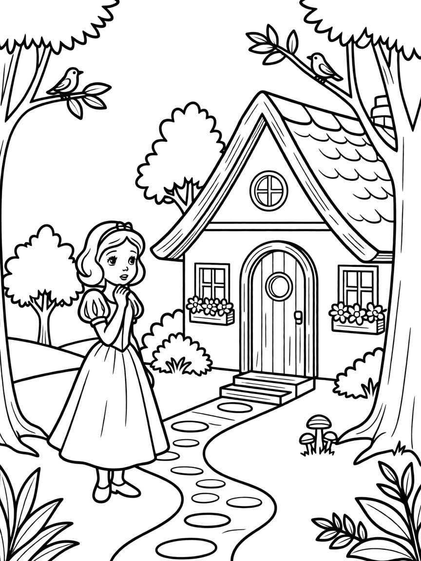 Snow White finding the dwarfs' cottage, looking curious and a little tired.