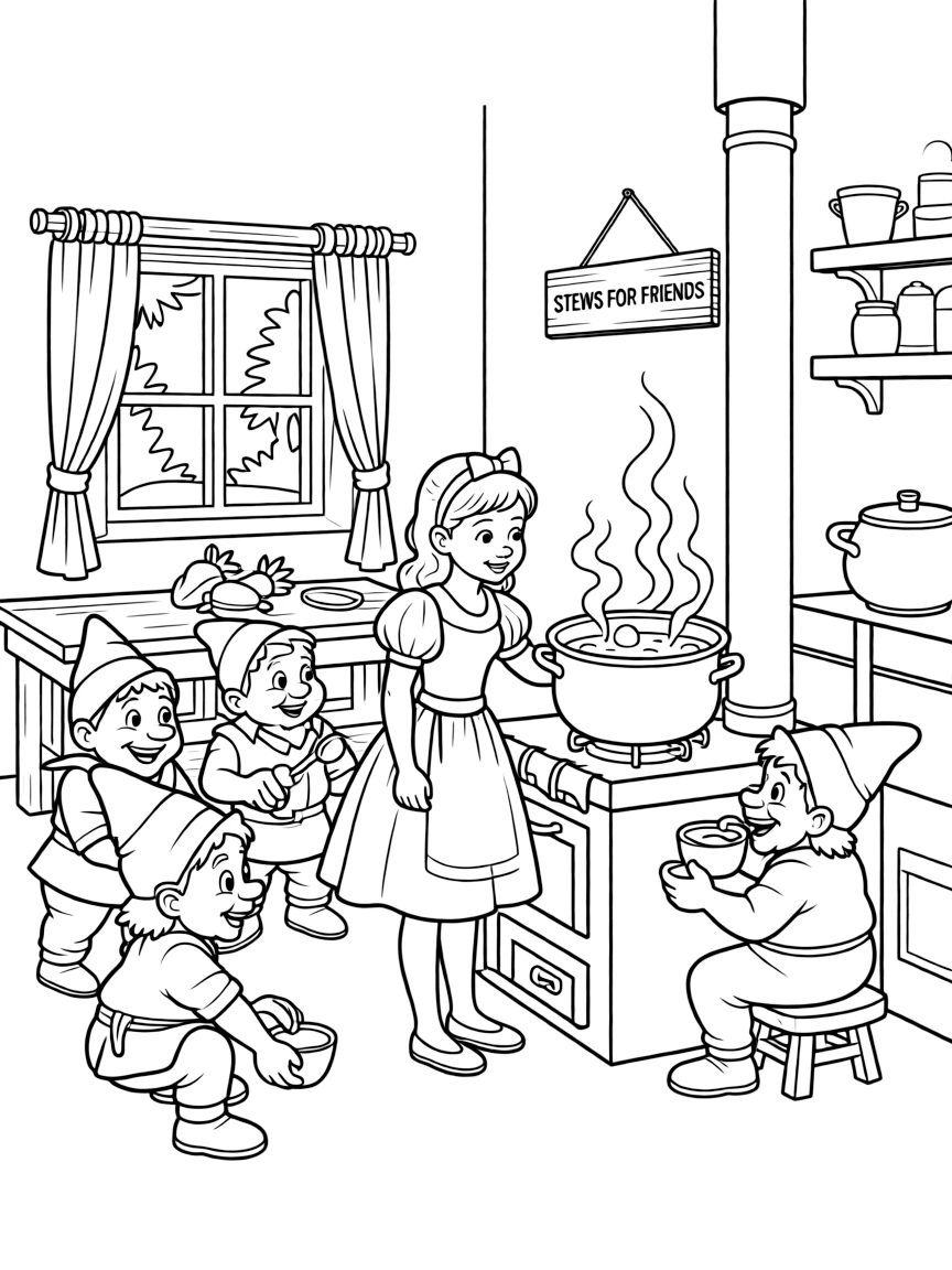 Snow White cooking for the dwarfs in their cozy cottage, with a stew bubbling.