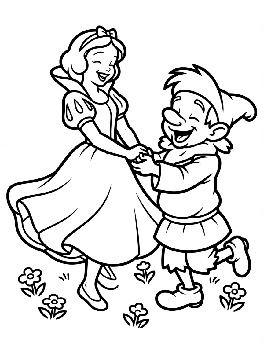 Snow White dancing with Dopey, looking joyful and lighthearted.