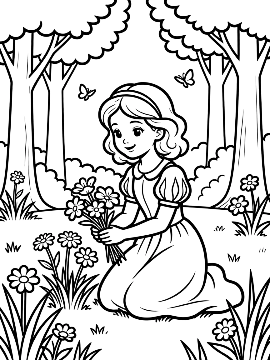 Snow White picking flowers in the forest, with a happy expression.