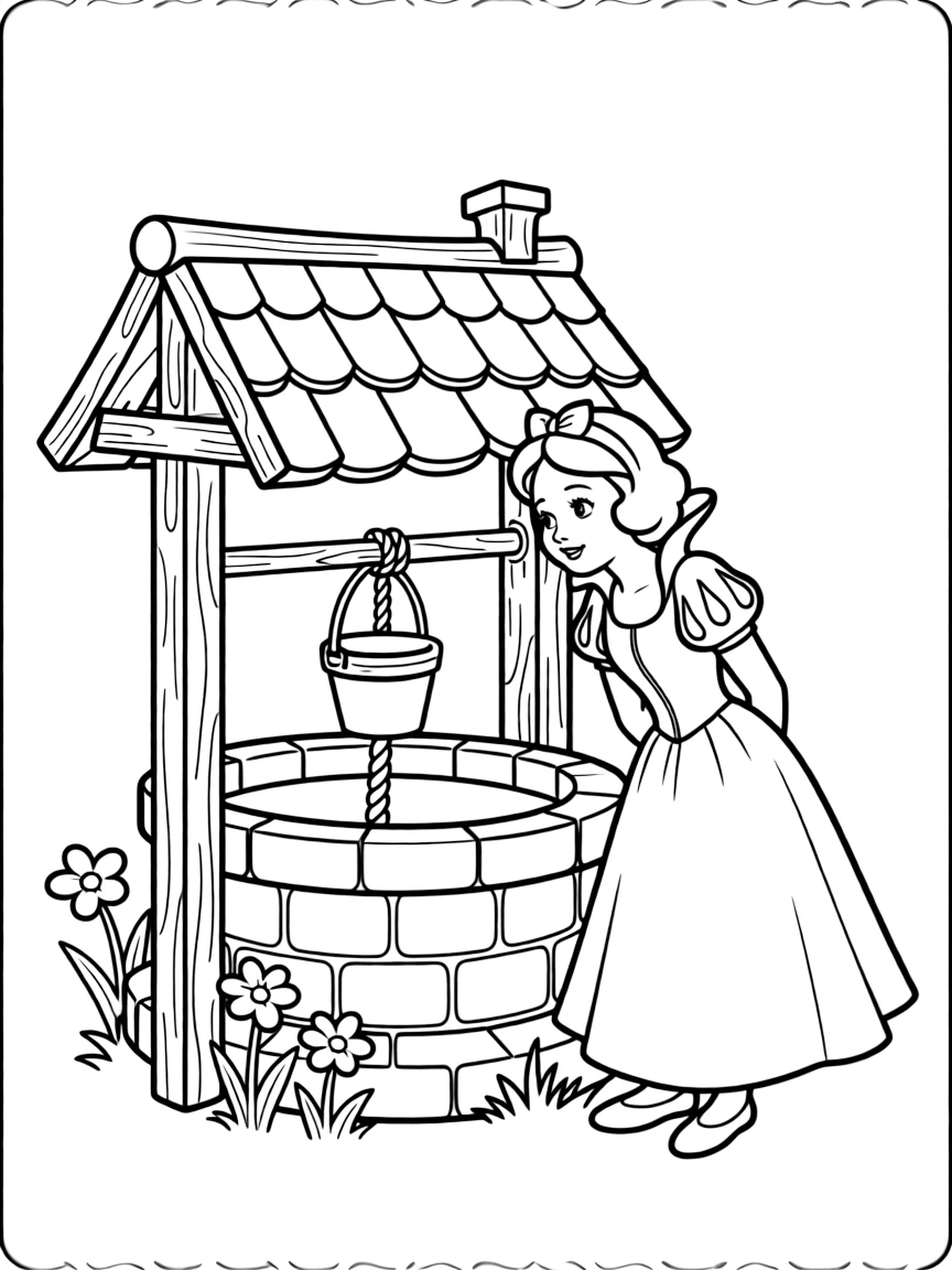 Snow White looking into the wishing well, making a secret wish.