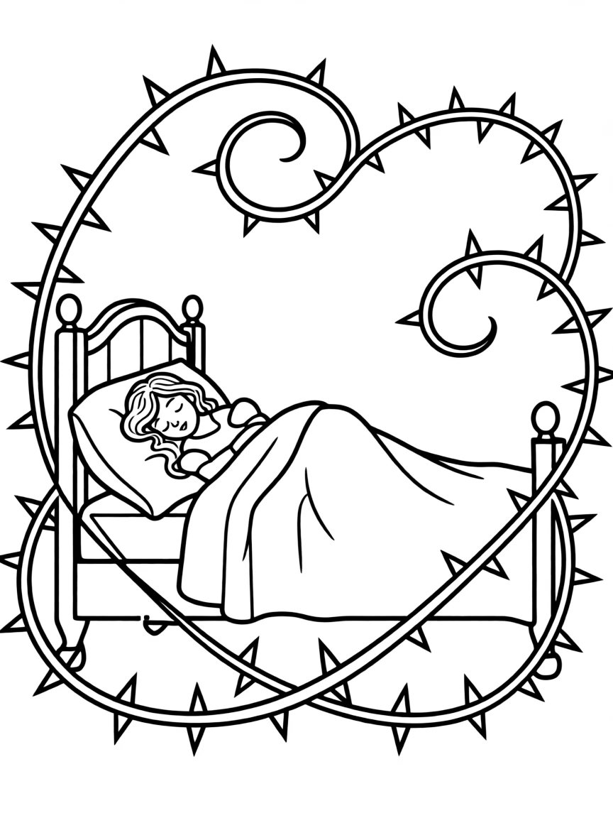 Aurora (Sleeping Beauty) sleeping peacefully in her bed, surrounded by thorns.