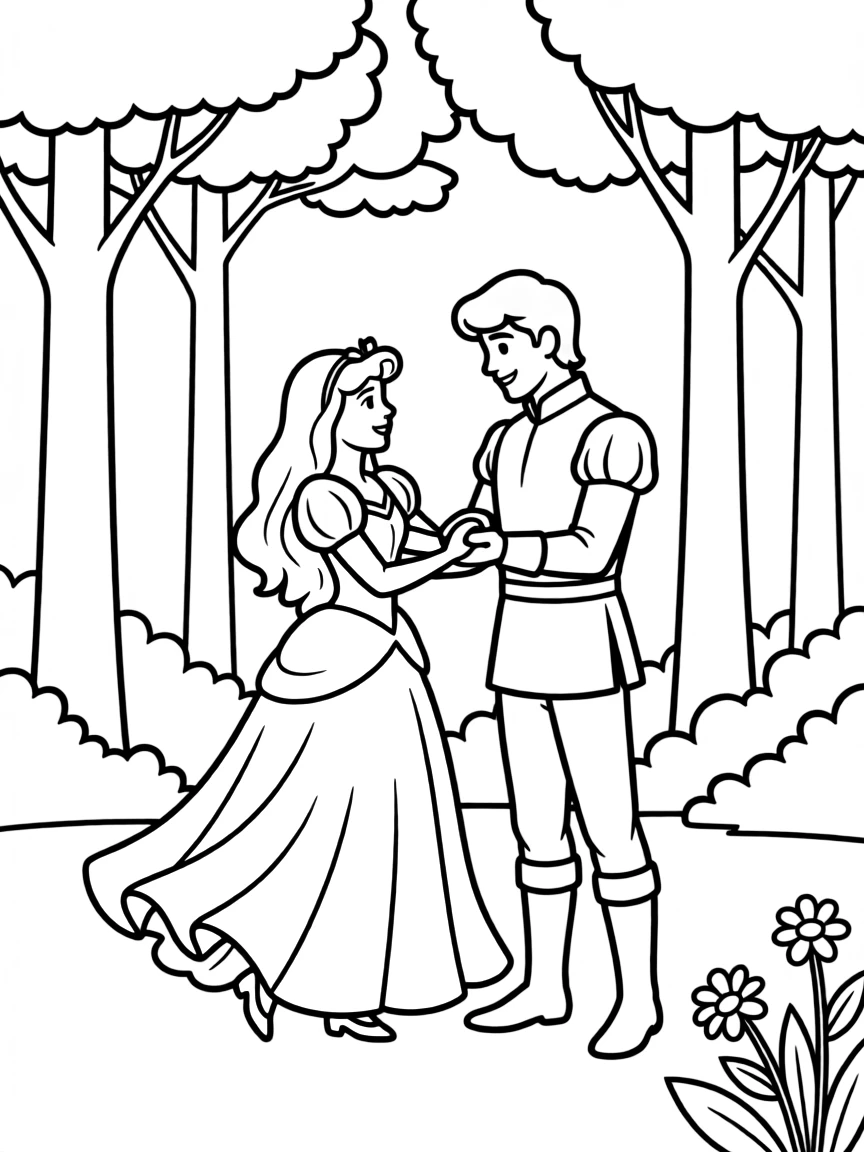 Aurora in her blue gown, dancing with Prince Phillip in the forest.