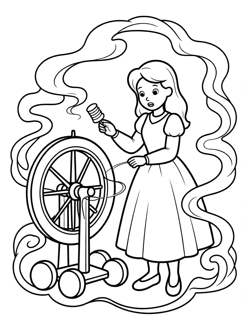 Aurora pricking her finger on the spinning wheel, surrounded by a magical mist.