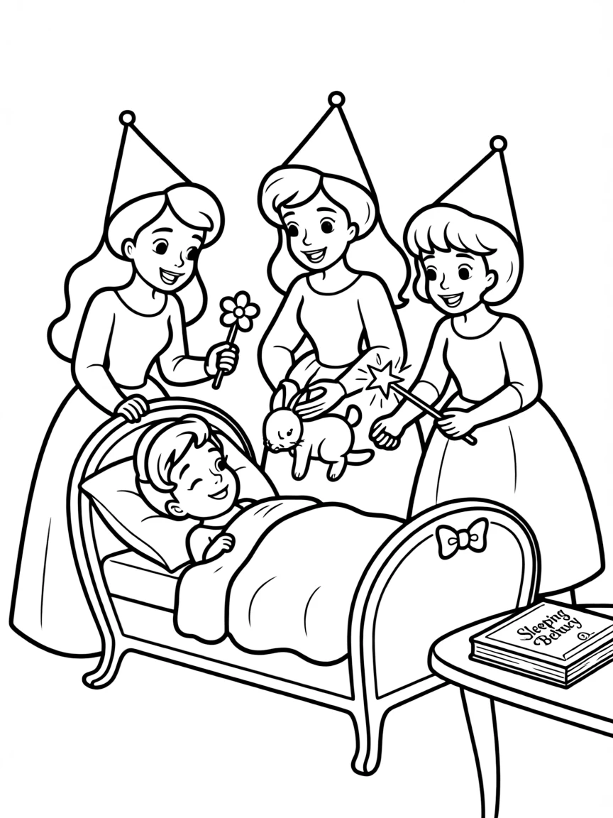 Aurora being watched over by Flora, Fauna, and Merryweather as a baby.