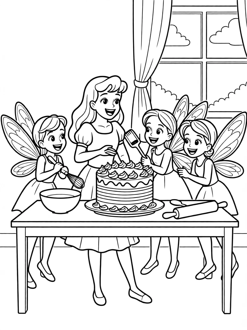 Aurora and the three fairies baking a lopsided cake, laughing together.