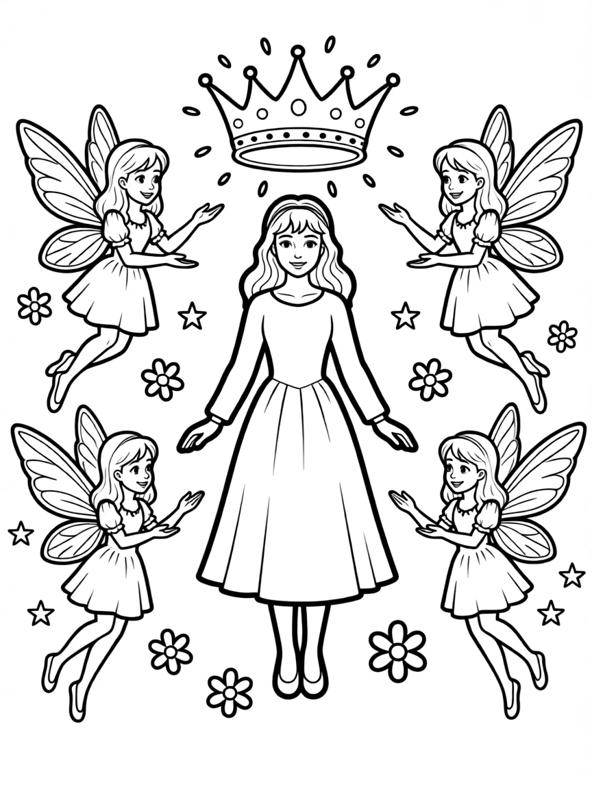 Aurora receiving her blessings from the good fairies, with a crown appearing.