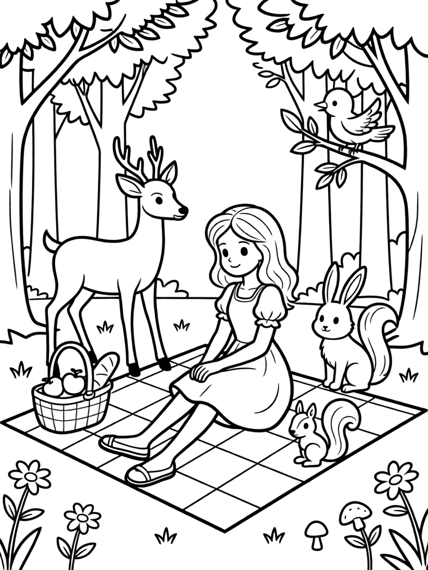 Aurora enjoying a picnic with her animal friends in a sun-dappled forest.