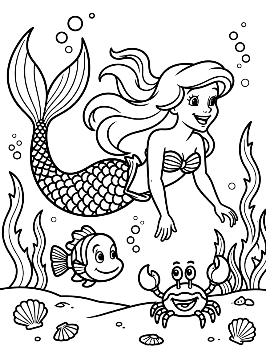 Ariel (The Little Mermaid) as a mermaid, swimming gracefully with Flounder and Sebastian.