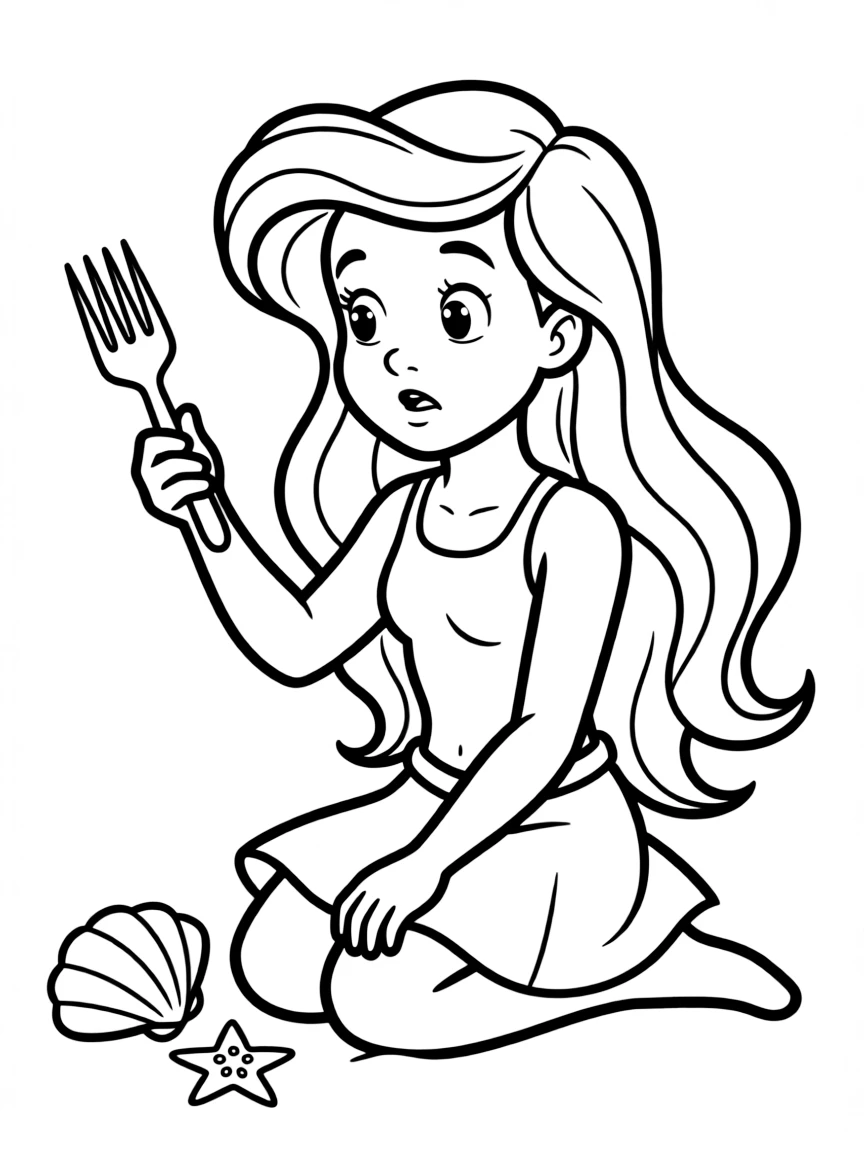 Ariel with her dinglehopper, trying to comb her hair, looking confused.