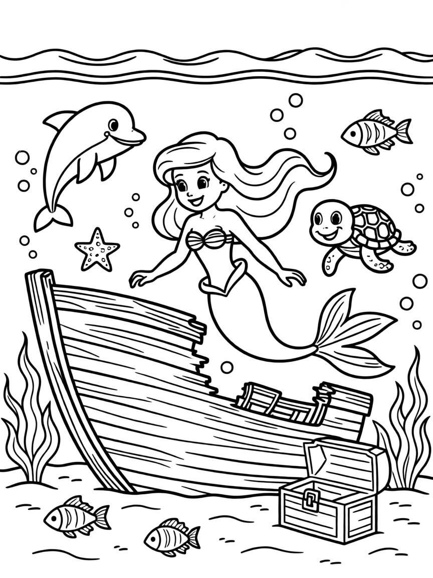 Ariel surrounded by colorful sea creatures, exploring a shipwreck.