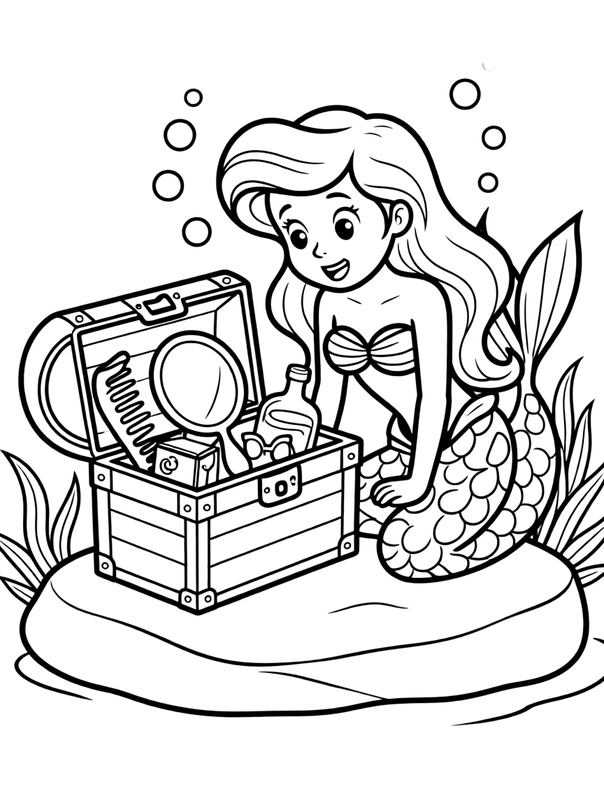 Ariel looking at a treasure chest filled with human objects.