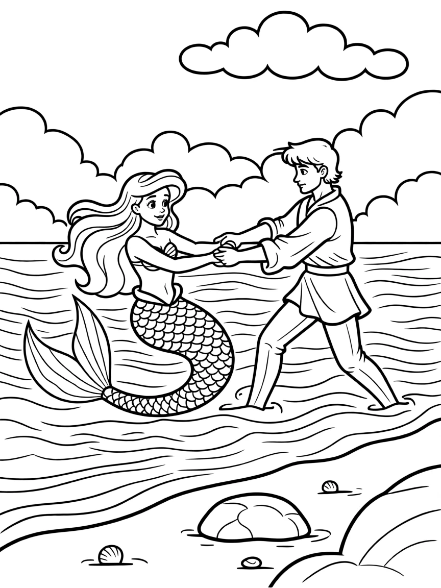Ariel saving Prince Eric from the storm, pulling him to shore.
