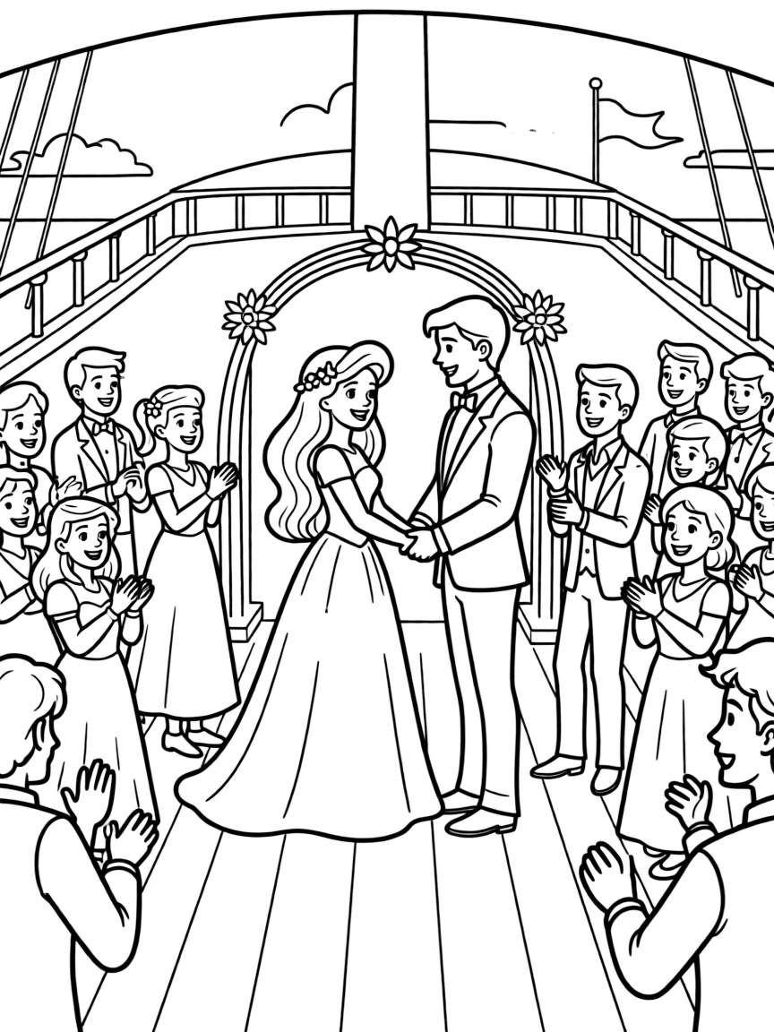 Ariel and Eric getting married on a ship, surrounded by happy guests.