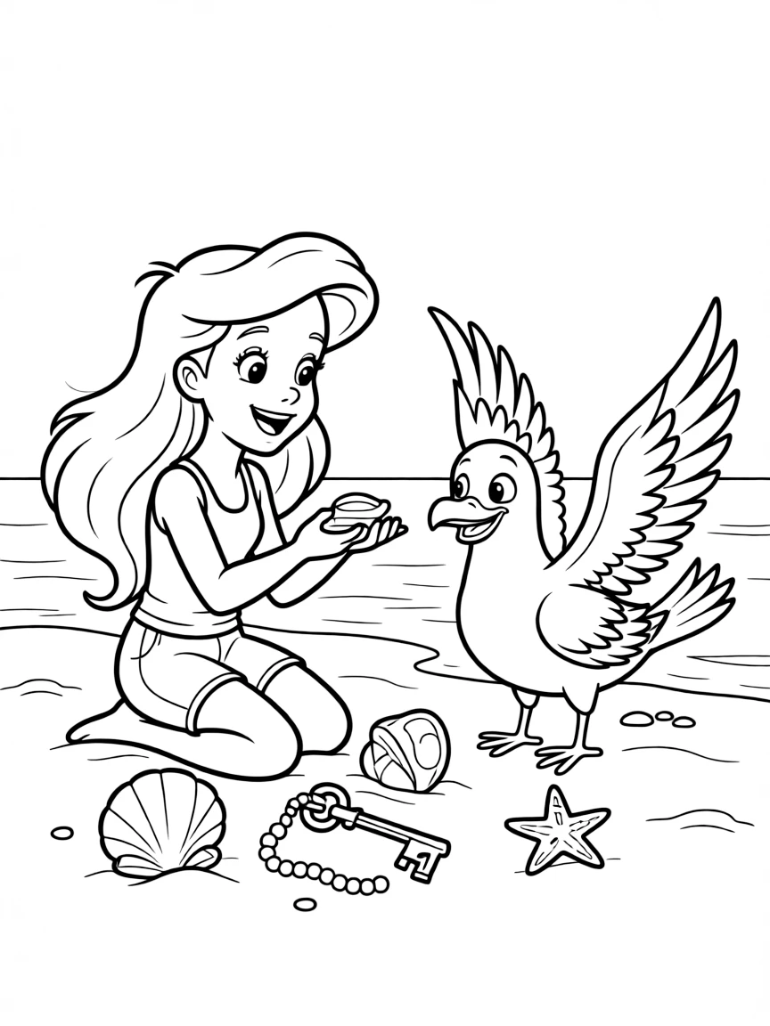 Ariel showing her treasures to Scuttle, looking excited.