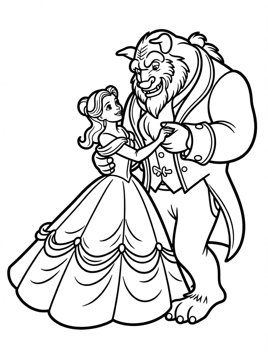 Belle (Beauty and the Beast) in her iconic yellow ball gown, dancing with the Beast.