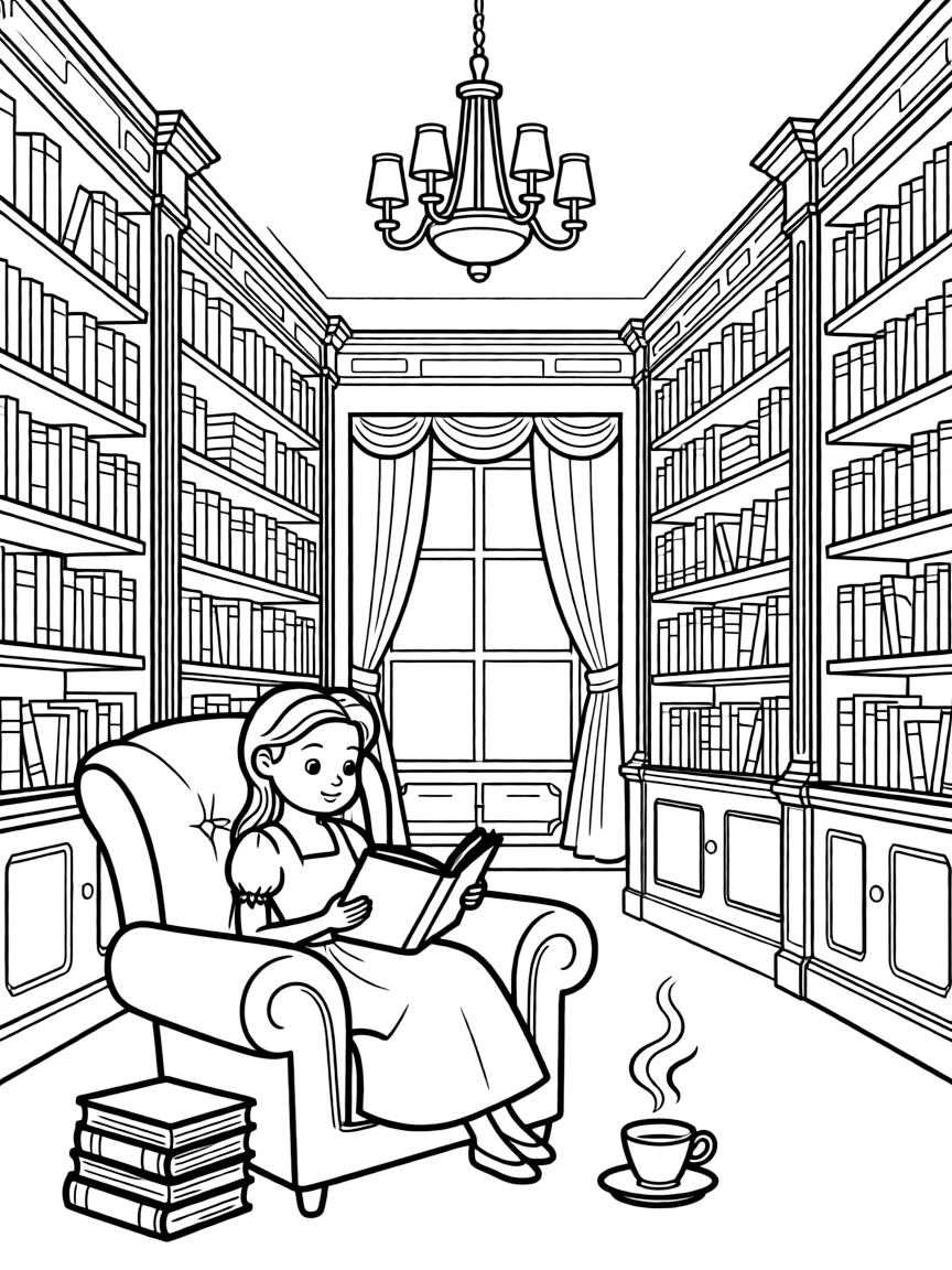 Belle reading a book in the Beast's grand library, surrounded by shelves of books.