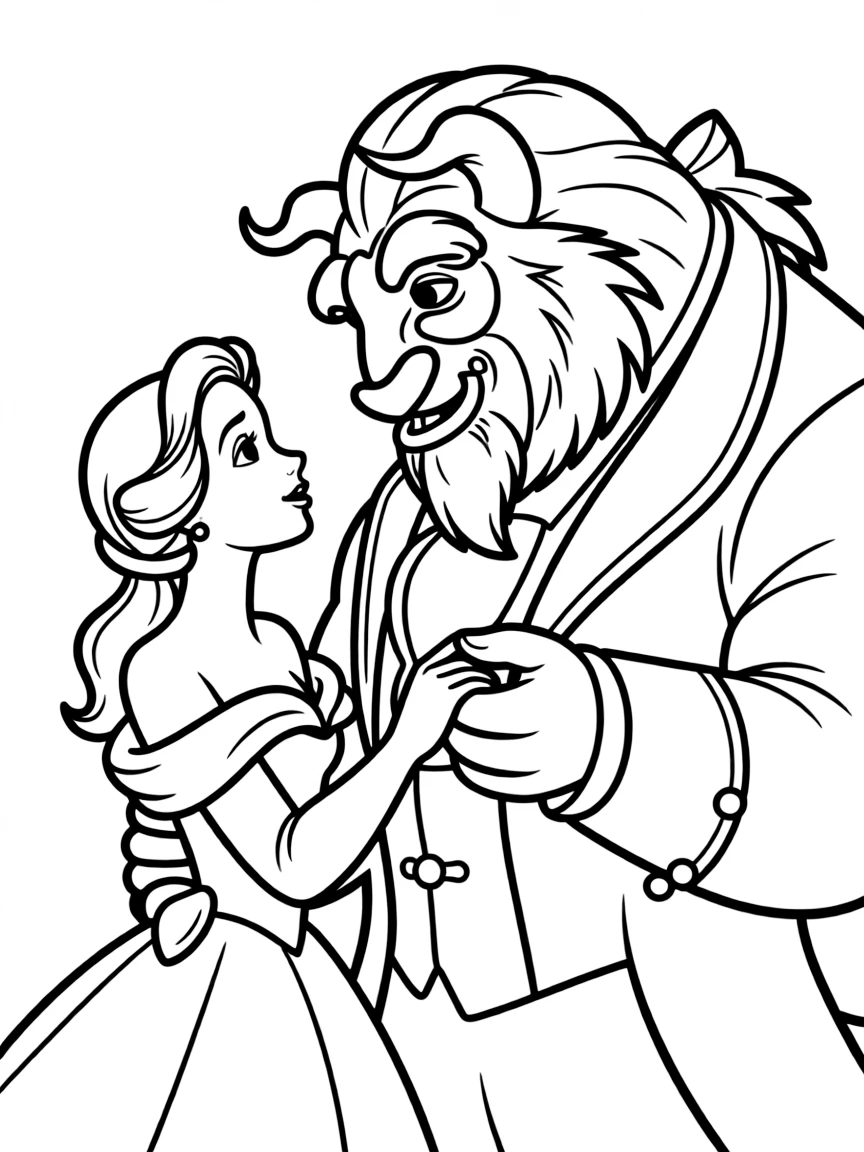 Belle and Beast sharing a tender moment, looking into each other's eyes.