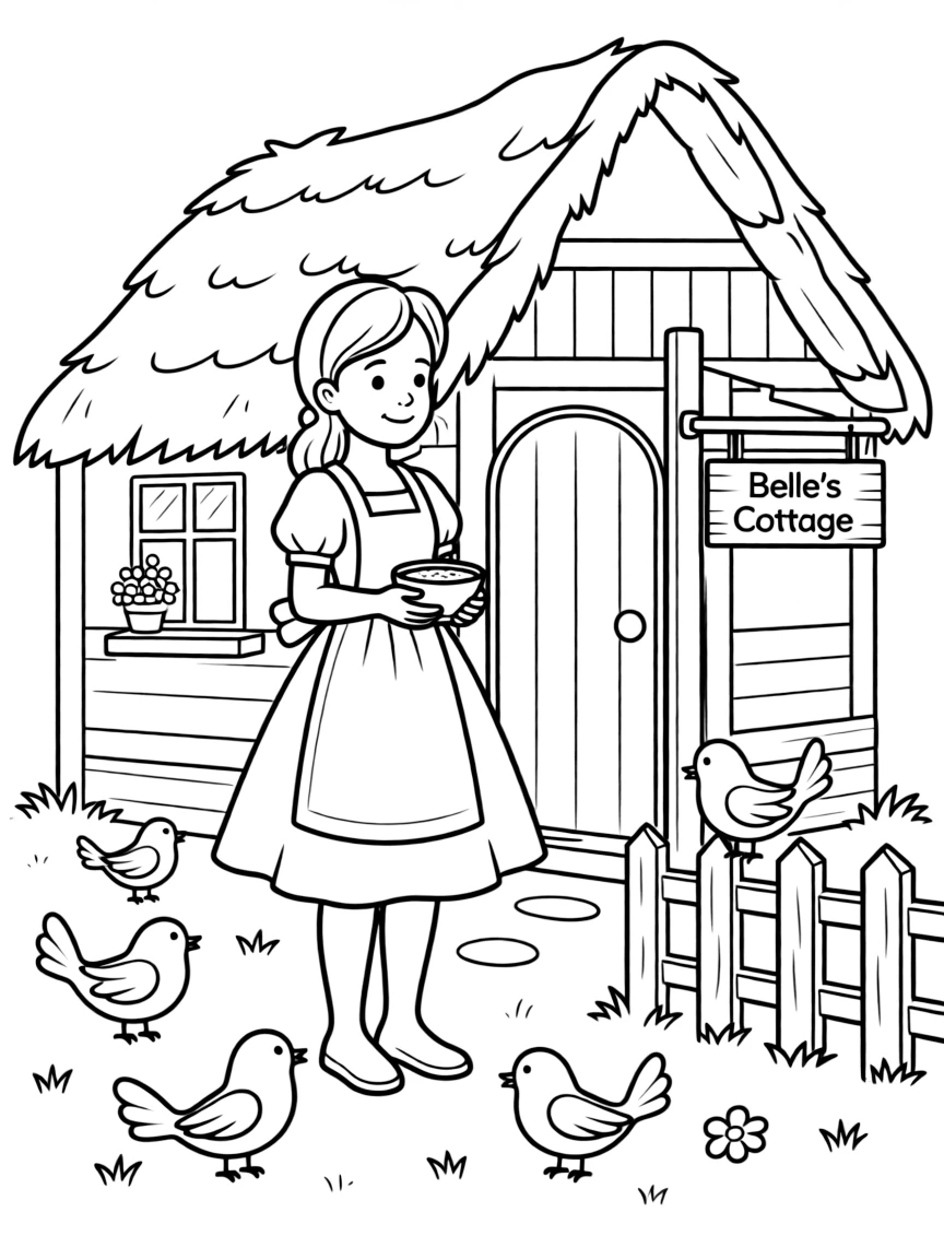 Belle feeding the birds outside her cottage, looking gentle and kind.