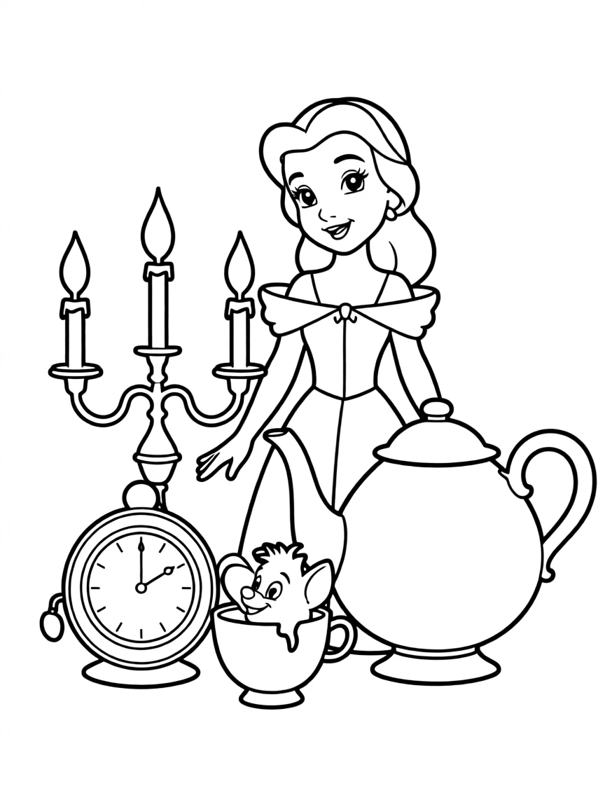 Belle surrounded by the enchanted objects (Lumiere, Cogsworth, Mrs. Potts, Chip), smiling.
