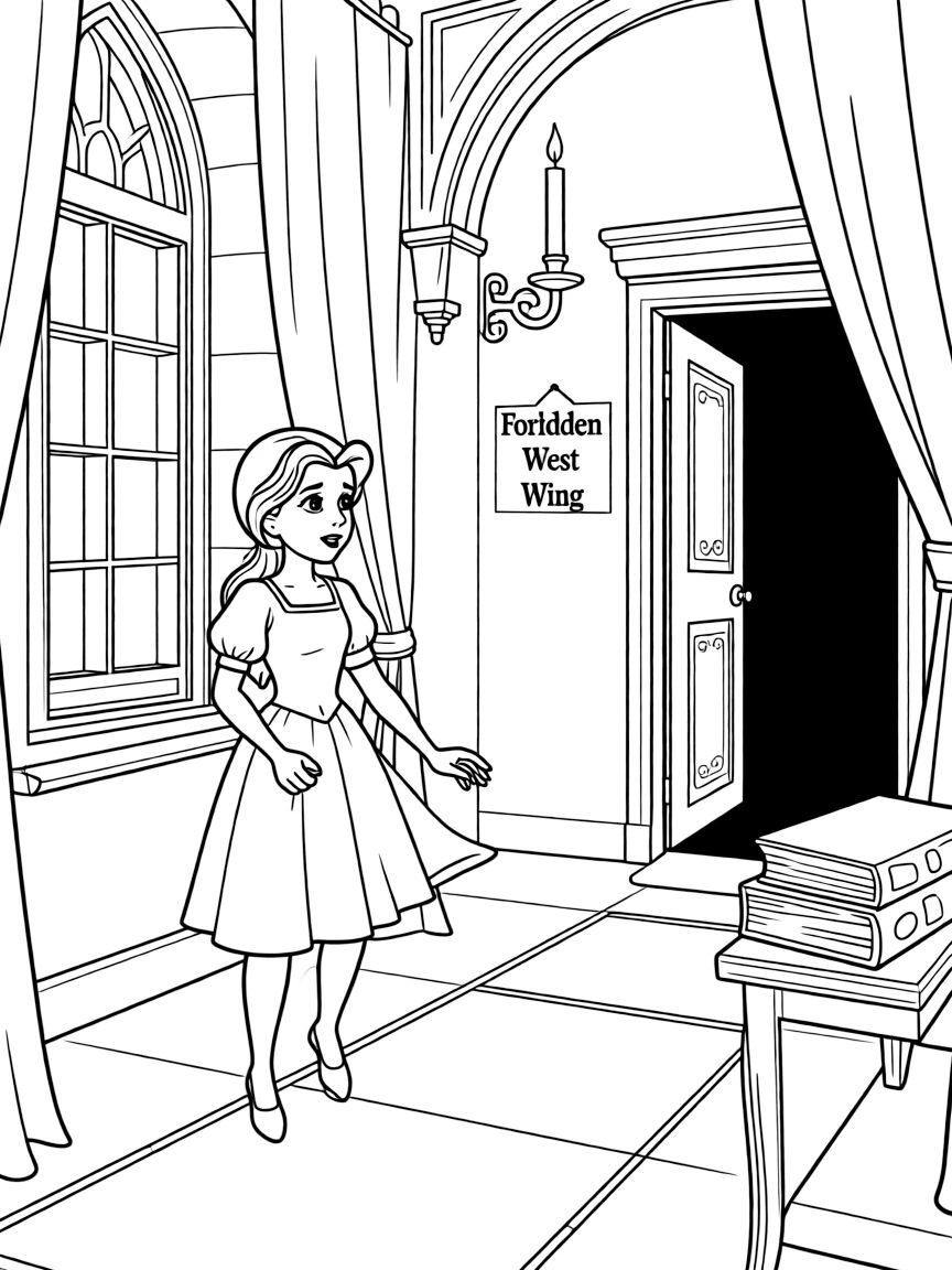Belle exploring the castle's forbidden West Wing, looking curious and a little scared.
