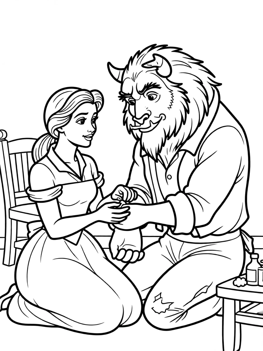 Belle tending to the Beast's wounds, showing compassion.