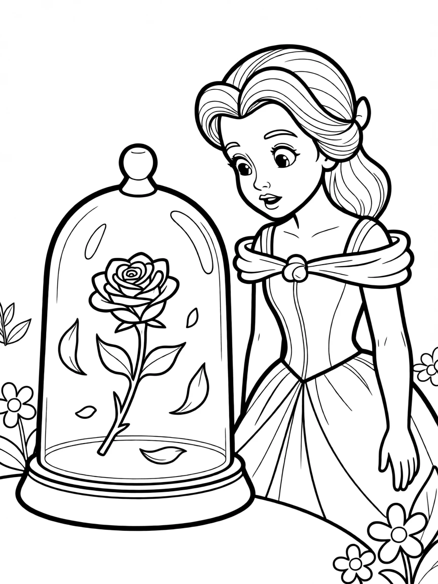 Belle looking at the enchanted rose, with petals slowly falling.