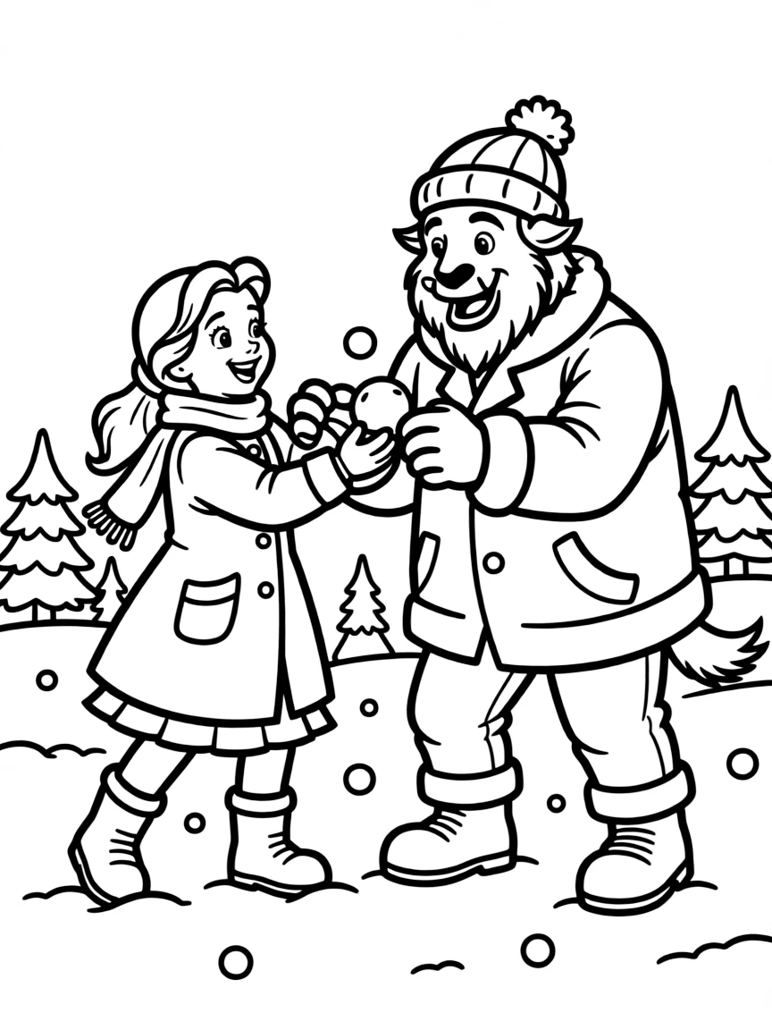Belle and Beast playing in the snow, having a joyful snowball fight.