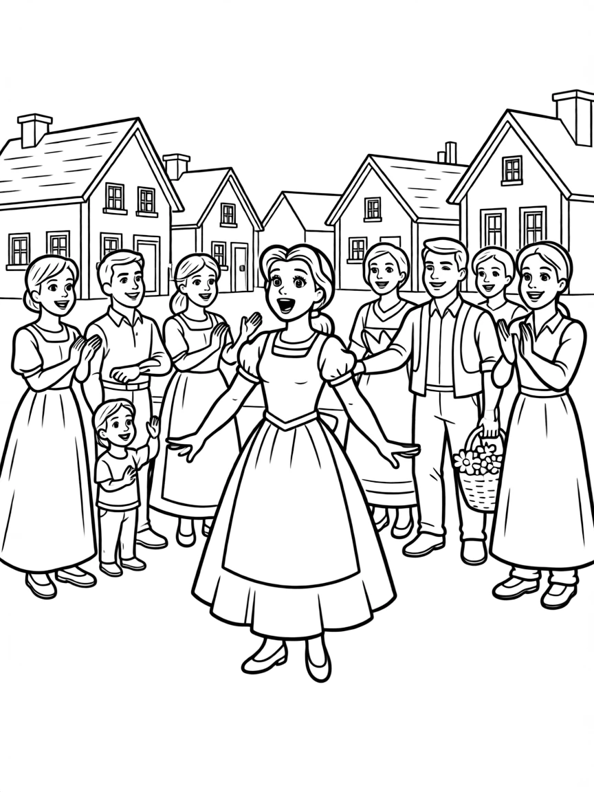 Belle singing "Bonjour" in her village, surrounded by townspeople.