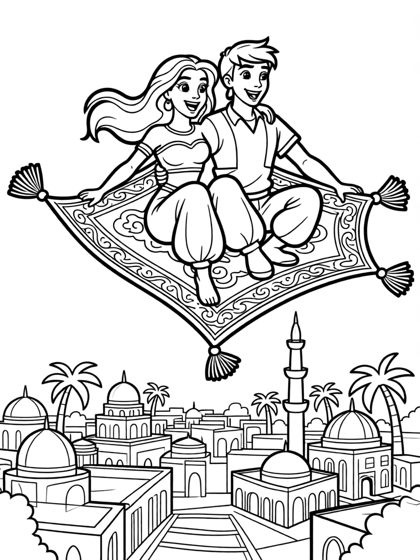 Jasmine (Aladdin) riding on a magic carpet with Aladdin, soaring over Agrabah.