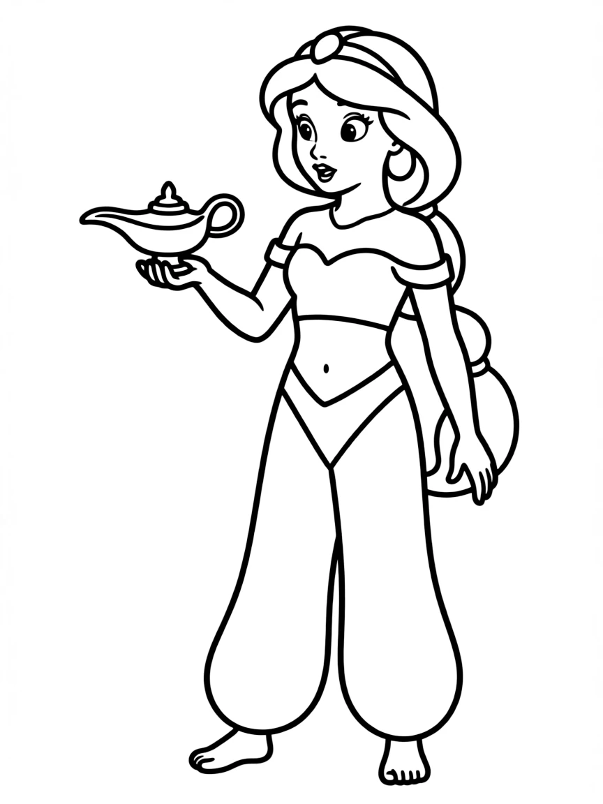 Jasmine in her turquoise outfit, holding a magic lamp and looking curious.
