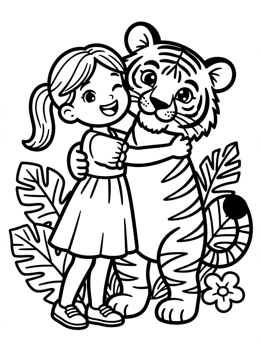 Jasmine playing with Raja, her pet tiger, laughing and hugging him.