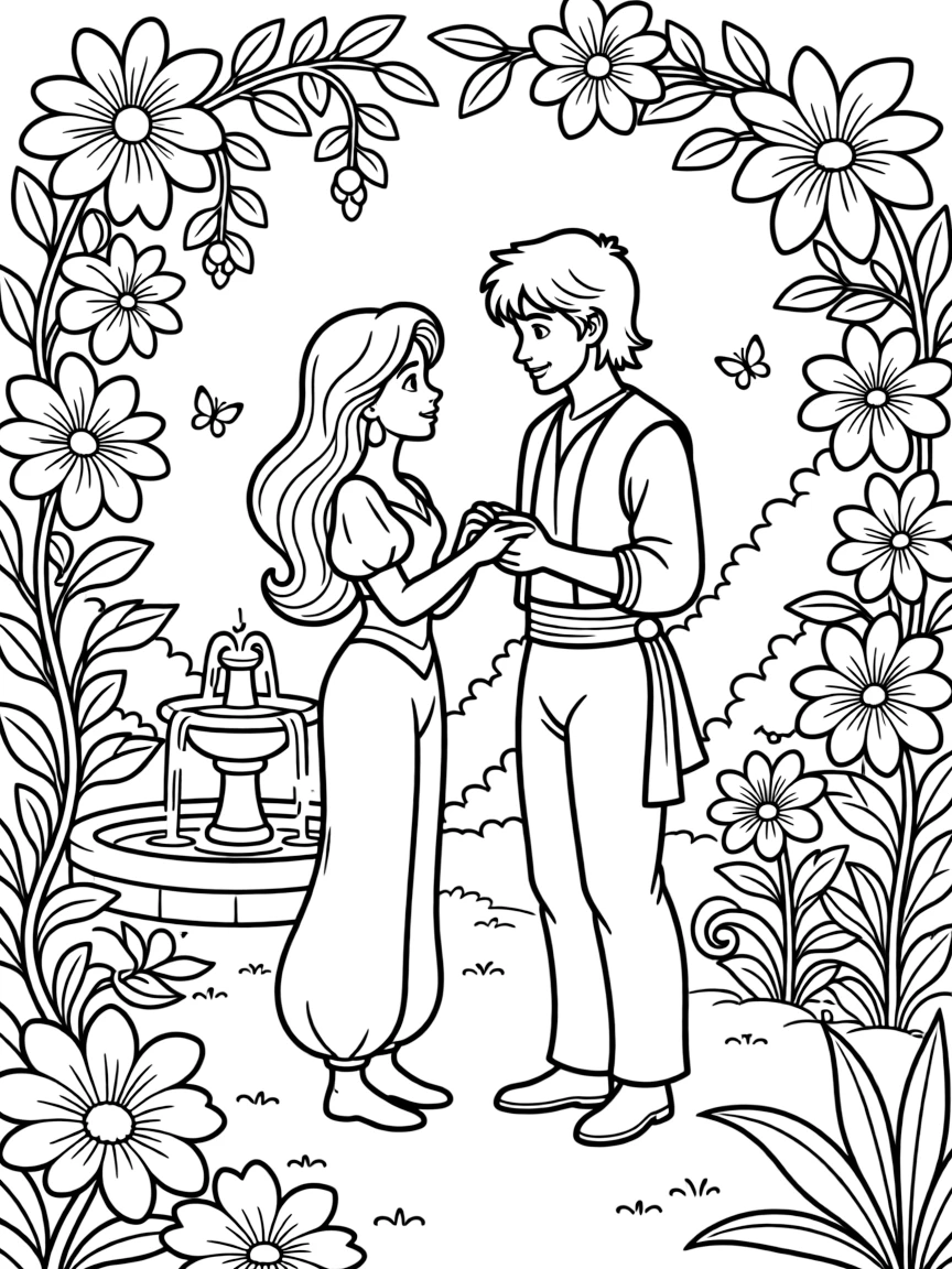 Jasmine and Aladdin sharing a romantic moment in a secret garden.