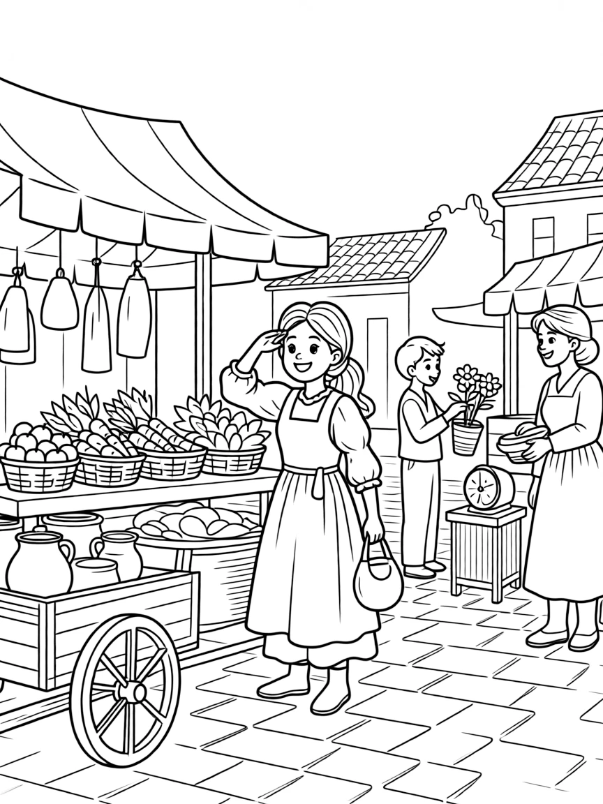 Jasmine dressed as a peasant, exploring the marketplace, looking for adventure.