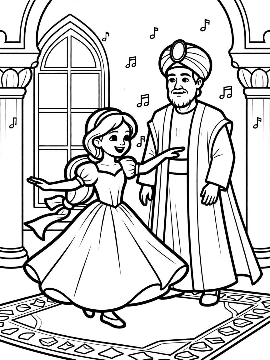 Jasmine dancing at a royal celebration, with the Sultan watching proudly.