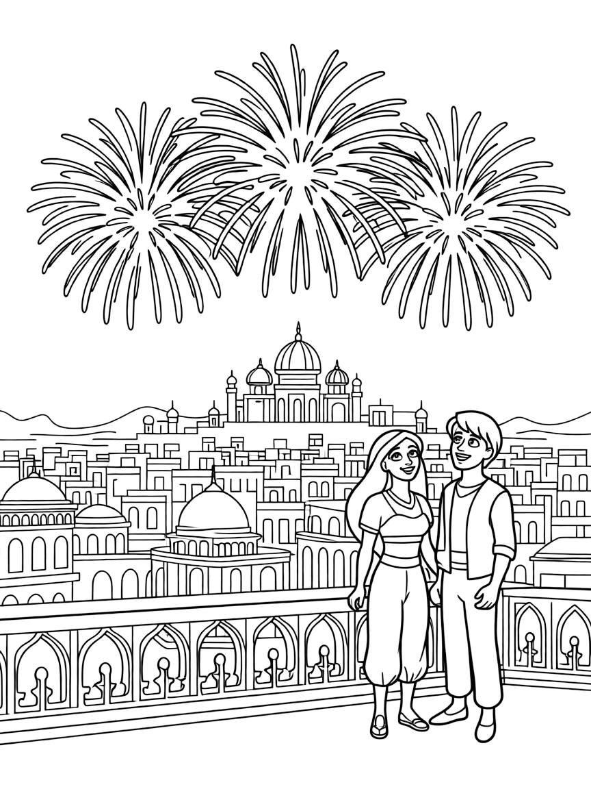 Jasmine and Aladdin looking out at the fireworks over Agrabah.