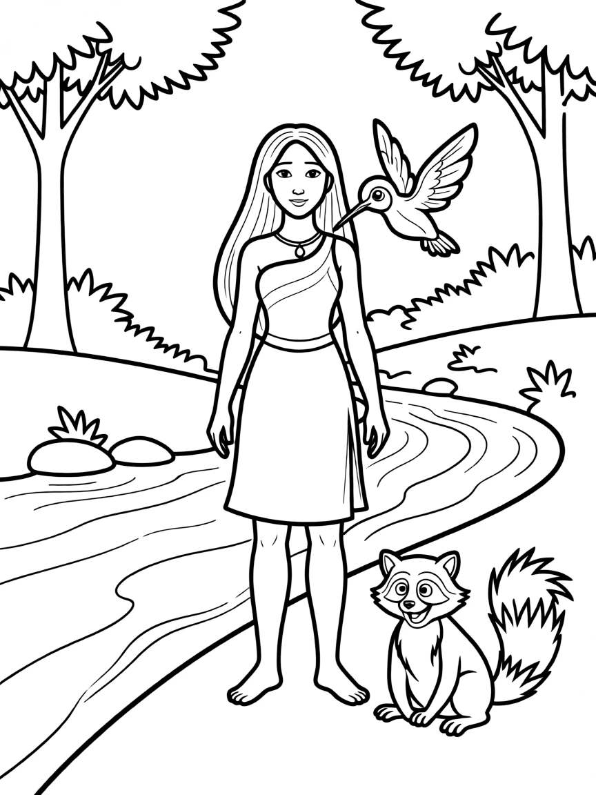 Pocahontas (Pocahontas) standing by the river, with Meeko and Flit beside her.