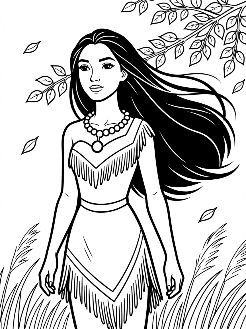 Pocahontas listening to the wind, her hair and necklace flowing.